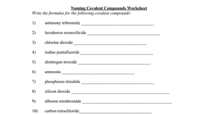 Covalent molecule names and formulas worksheet answers